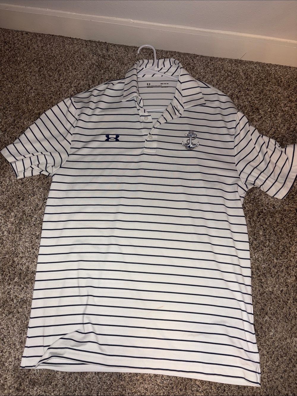 Under Armour White Polo with Navy Thin Stripes